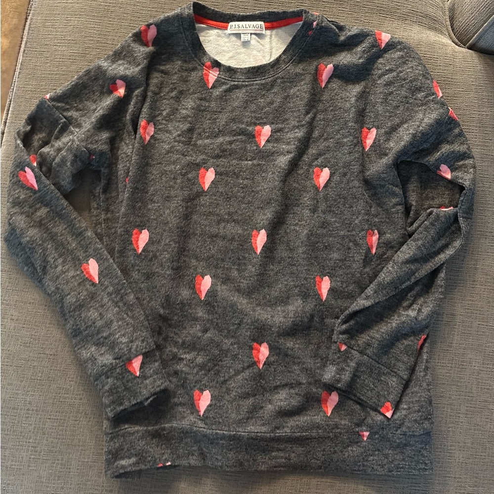 P.J. Salvage Charcoal and Pink Heart Crewneck Pajama Top Medium M